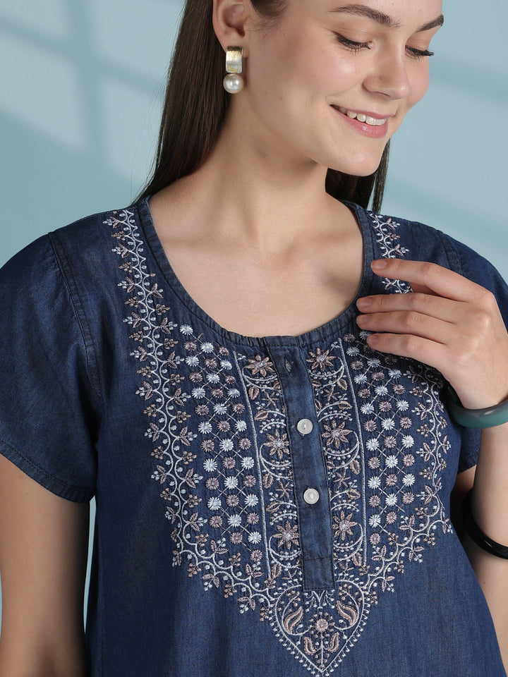 Blue cotton denim nighty for women with boho embroidery
