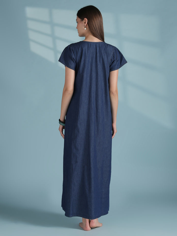 Blue cotton denim nighty for women with boho embroidery