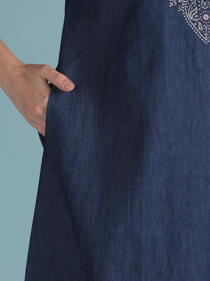 Blue cotton denim nighty for women with boho embroidery