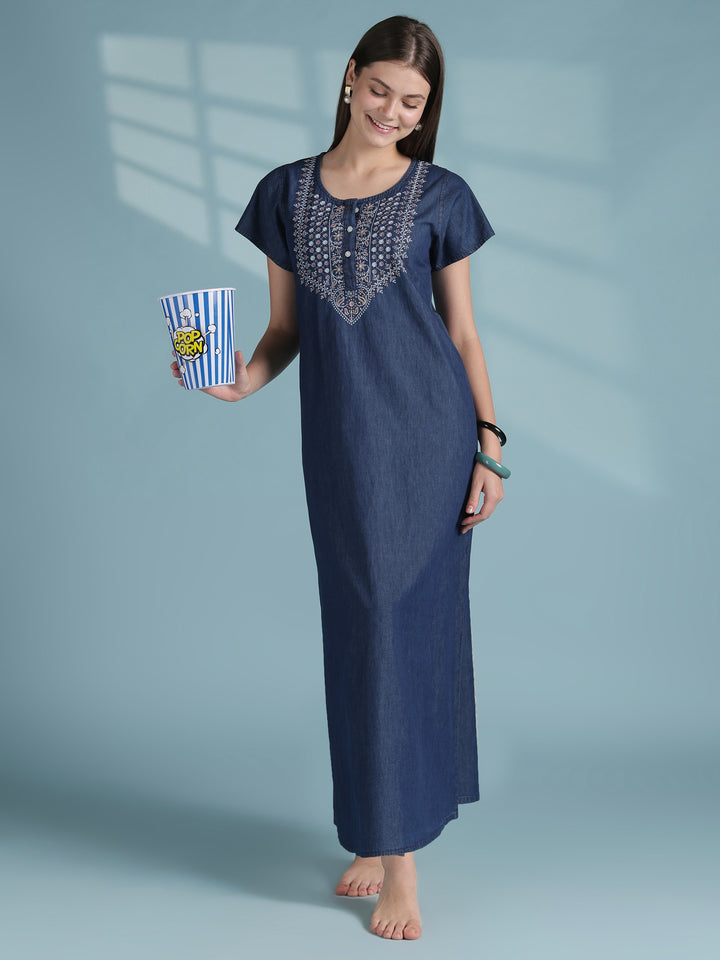 Blue cotton denim nighty for women with boho embroidery