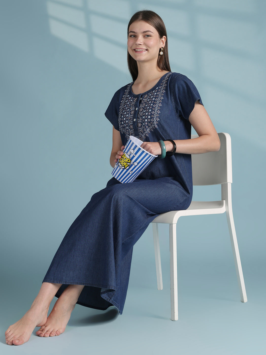Blue cotton denim nighty for women with boho embroidery