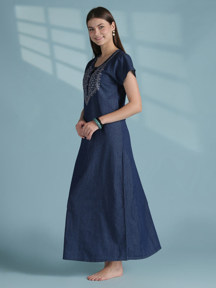 Blue cotton denim nighty for women with boho embroidery