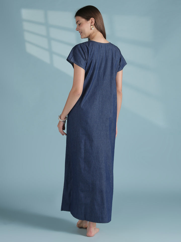 Dark blue cotton nighty dress for women with embroidery