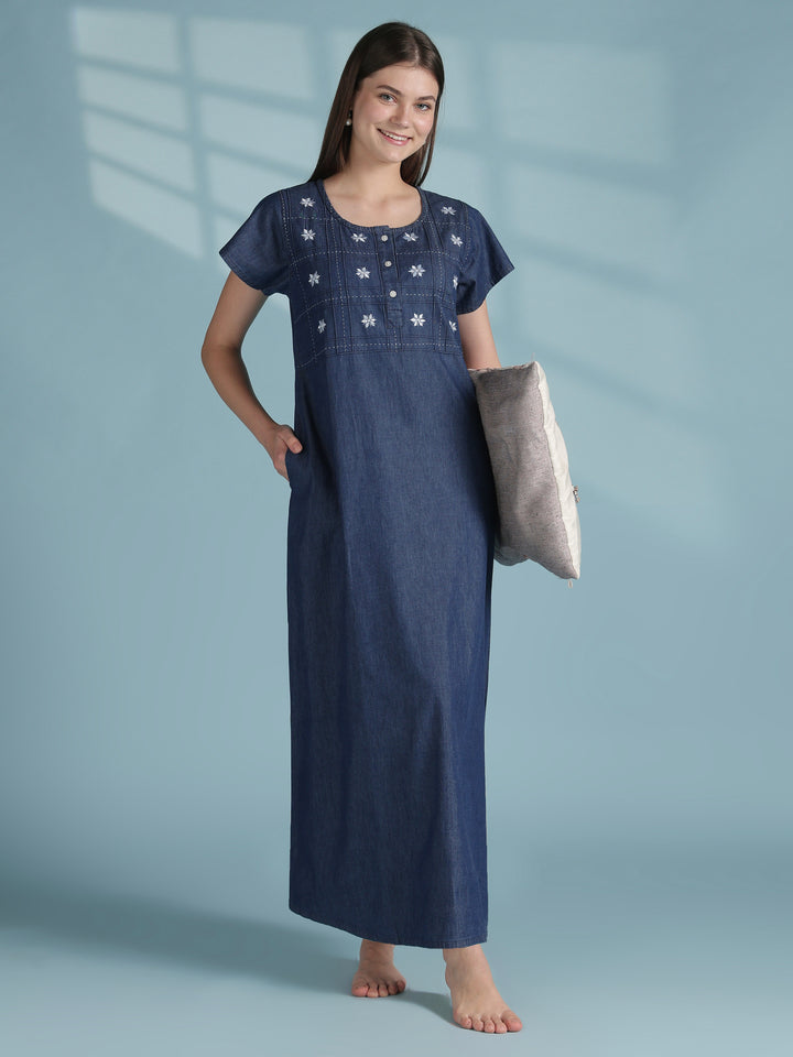 Dark blue cotton nighty dress for women with embroidery