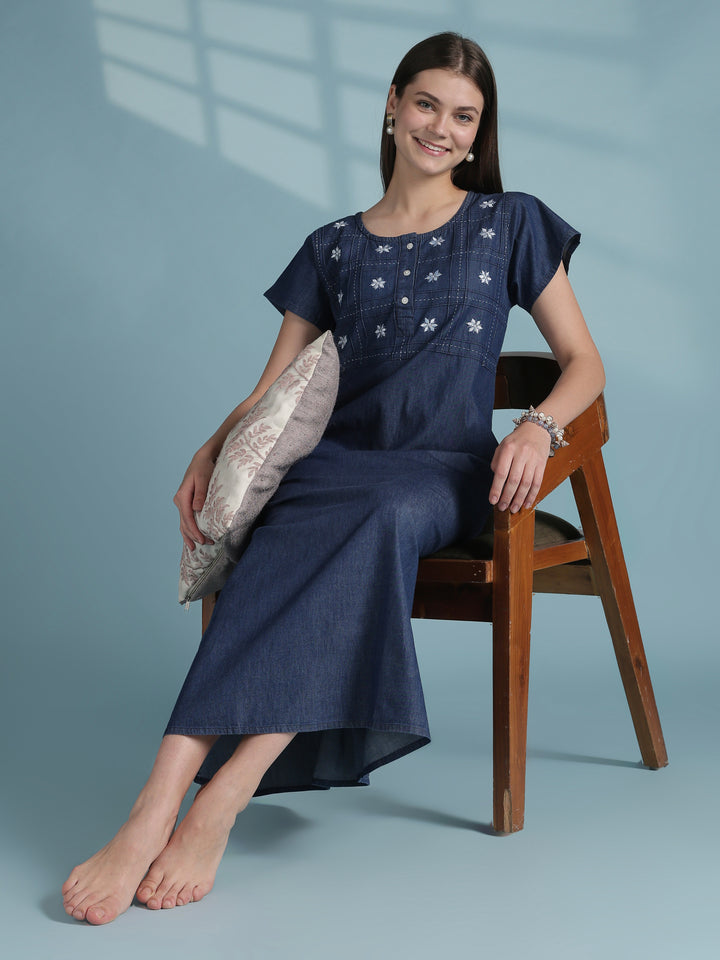 Dark blue cotton nighty dress for women with embroidery