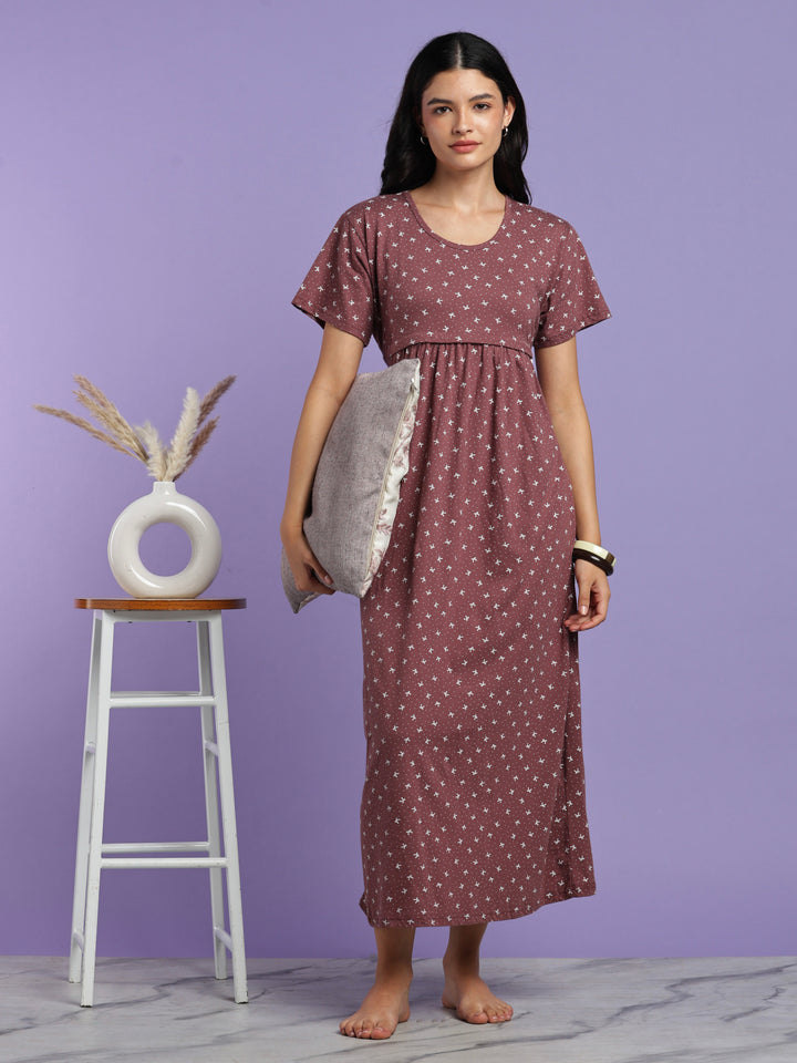 Mauve cotton maternity nighty for women with feeding zipper