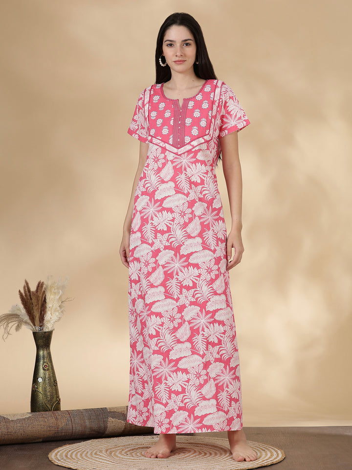 Soft pure cotton nighty for women with kantha hand embroidery