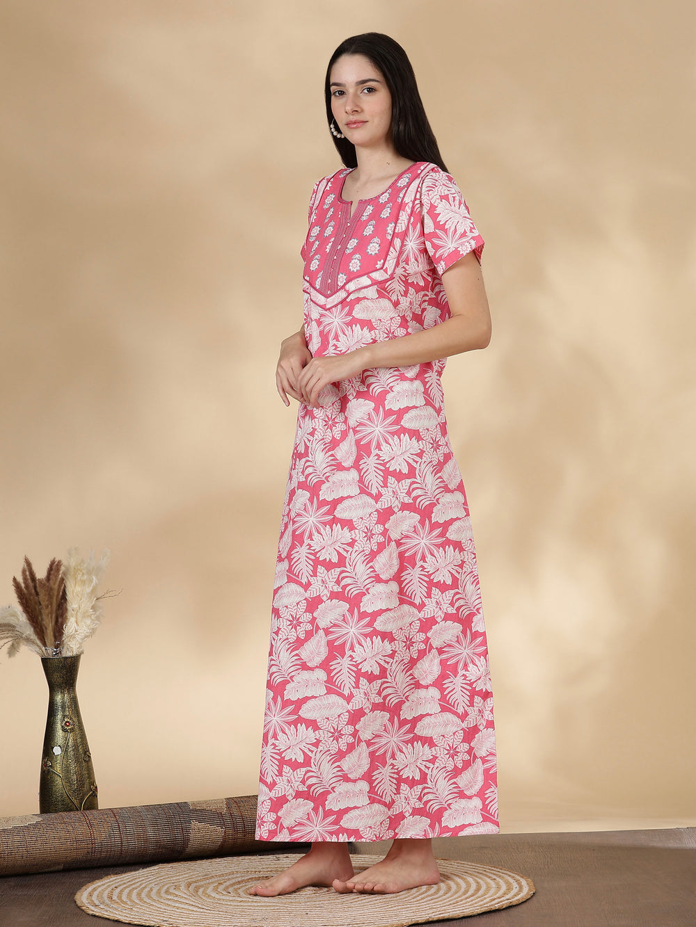 Soft pure cotton nighty for women with kantha hand embroidery
