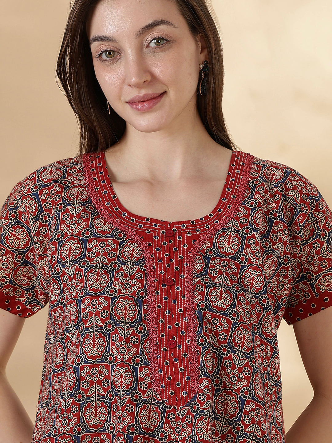 Ajrakh rust best comfortable pure cotton nighty for women