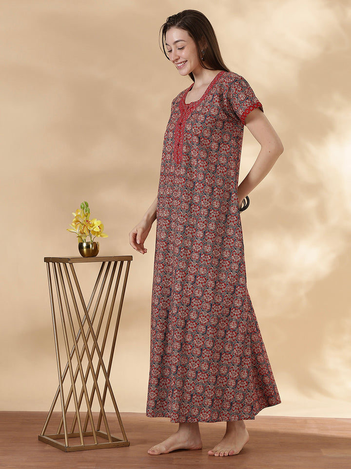 Ajrakh rust best comfortable pure cotton nighty for women