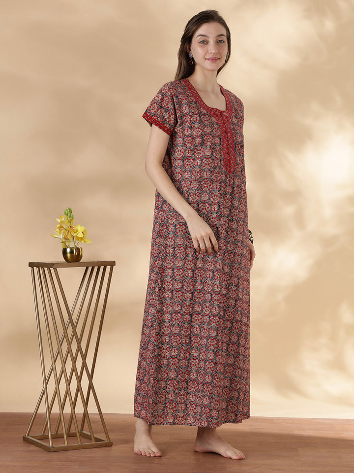 Ajrakh rust best comfortable pure cotton nighty for women