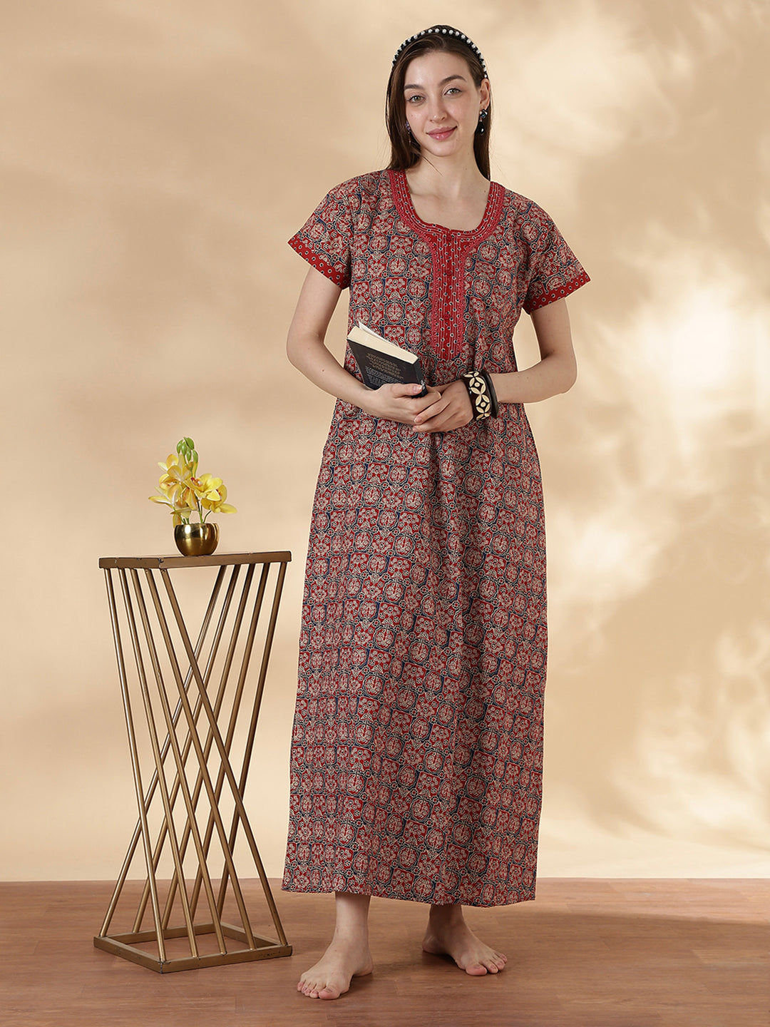 Ajrakh rust best comfortable pure cotton nighty for women