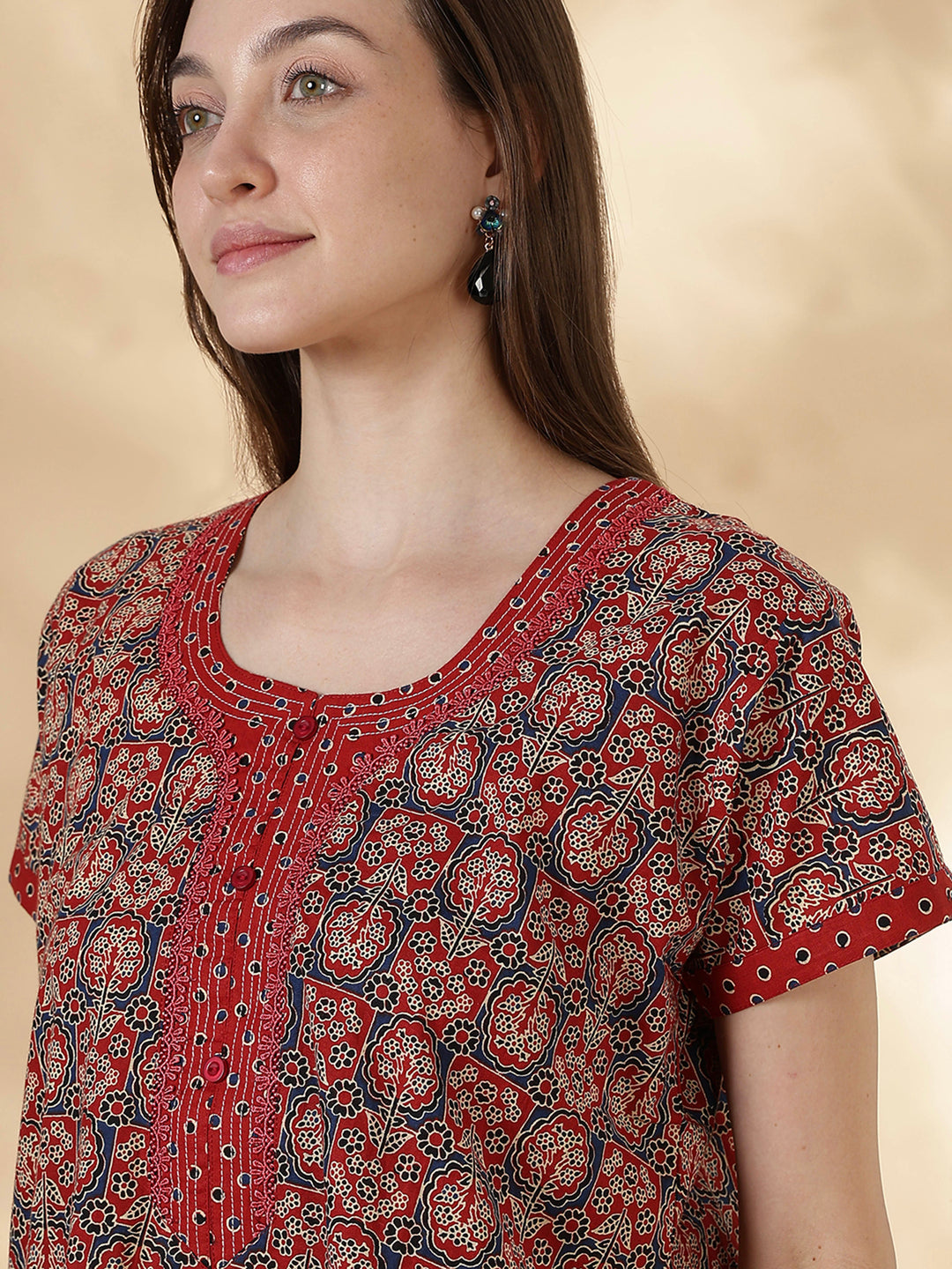 Ajrakh rust best comfortable pure cotton nighty for women