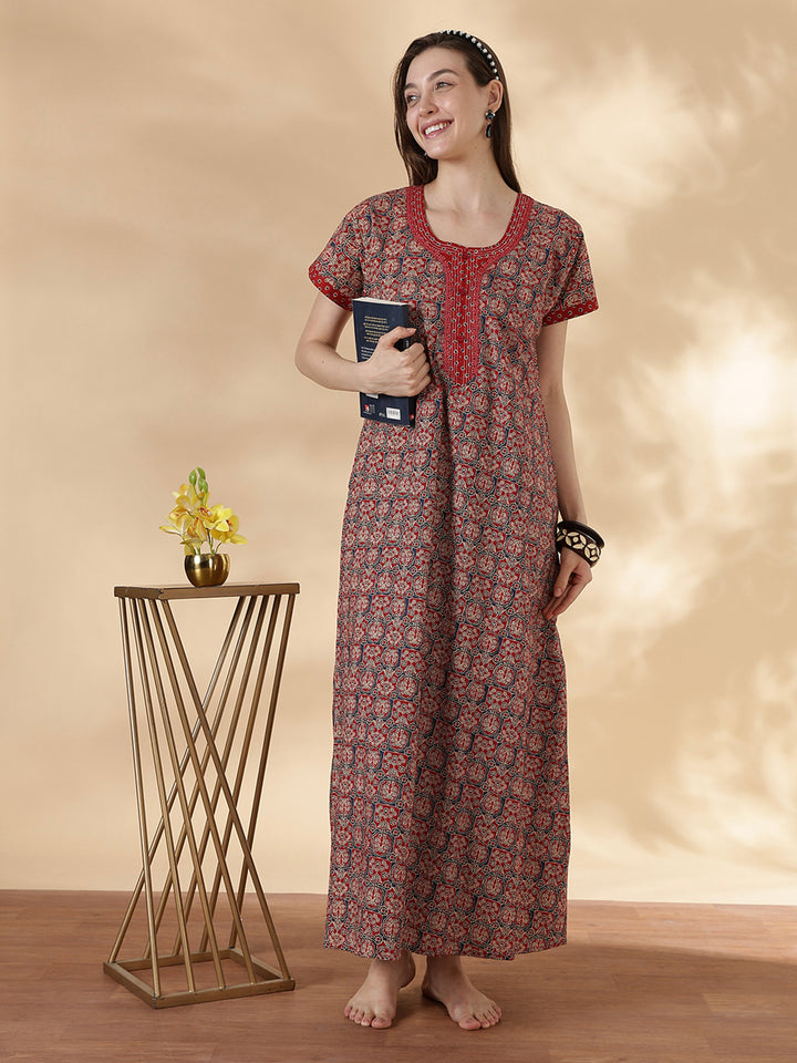 Ajrakh rust best comfortable pure cotton nighty for women