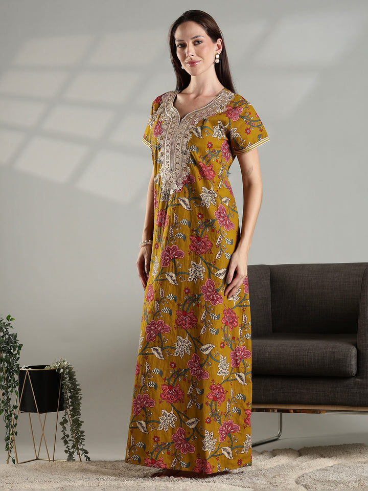 Floral print pure cotton nightwear for women in mustard