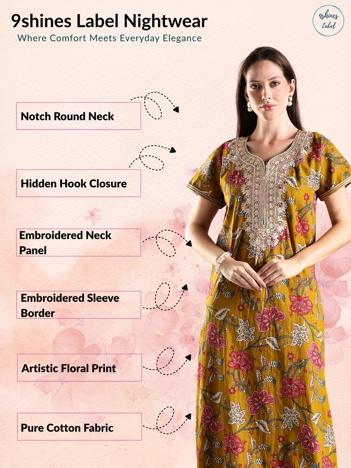 Floral print pure cotton nightwear for women in mustard