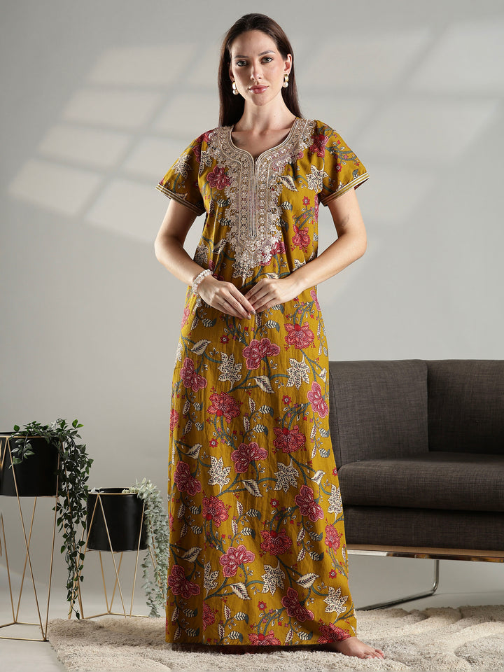 Floral print pure cotton nightwear for women in mustard