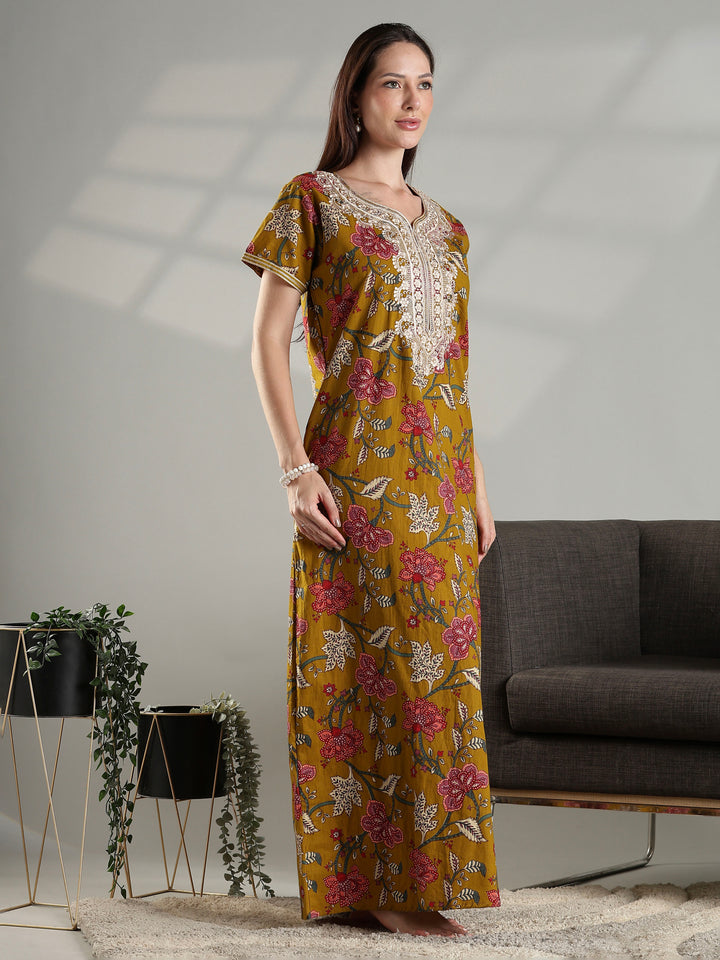 Floral print pure cotton nightwear for women in mustard