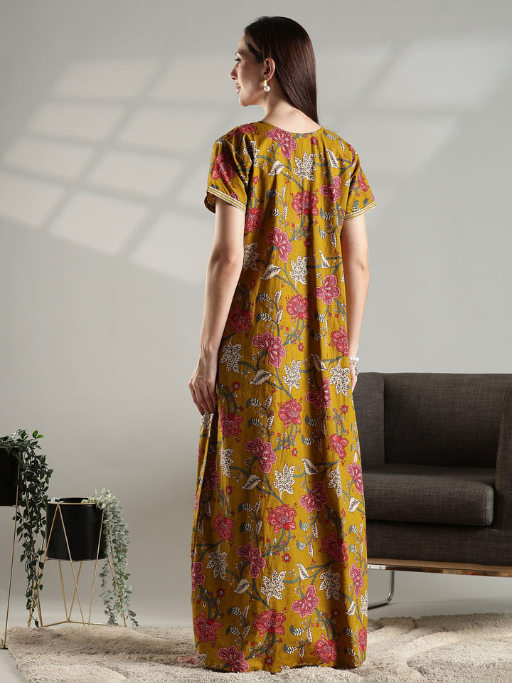Floral print pure cotton nightwear for women in mustard