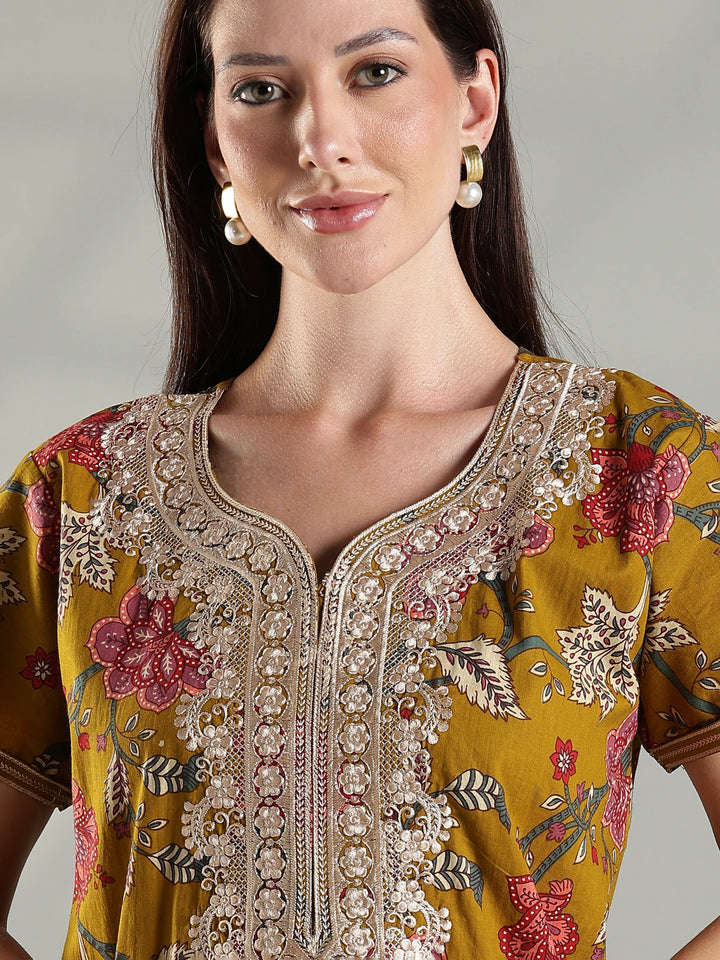 Floral print pure cotton nightwear for women in mustard