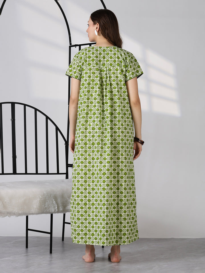 Green pure cotton floral print soft nightwear for women