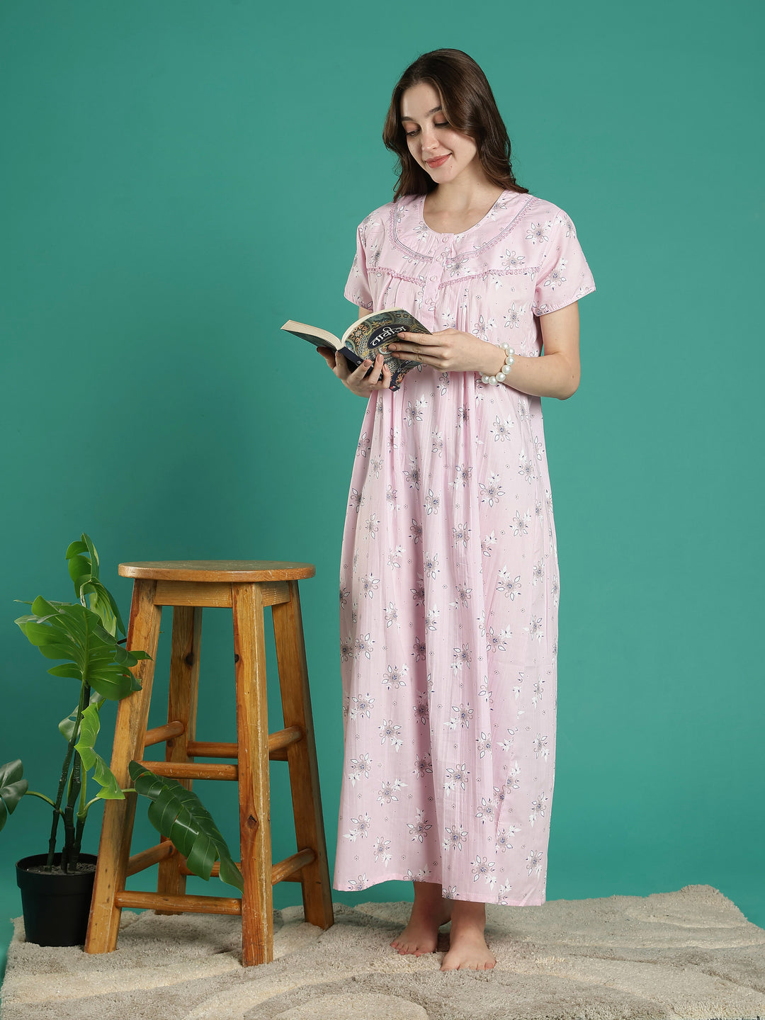 Pastel pink floral 100% pure cotton nighty for women