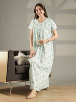 Pastel Green Floral 100% Pure Cotton Nighty for Women Relaxed Fit