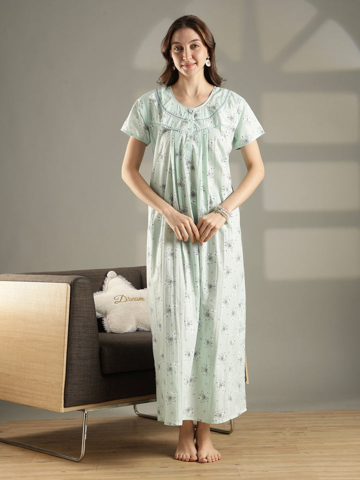 Pastel green floral cotton summer night dress for women