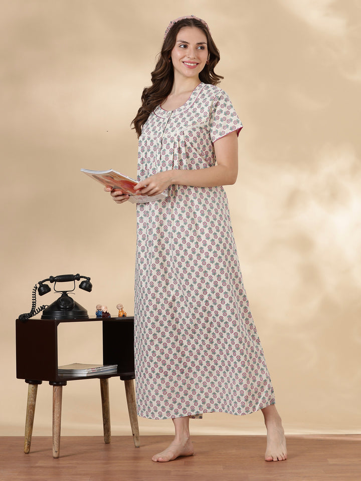 Leaf green soft 100% pure cotton nighty for ladies online