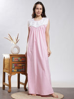 Saheli Pure Cotton Sleeveless Pleated Nighty for Women Polka Pink