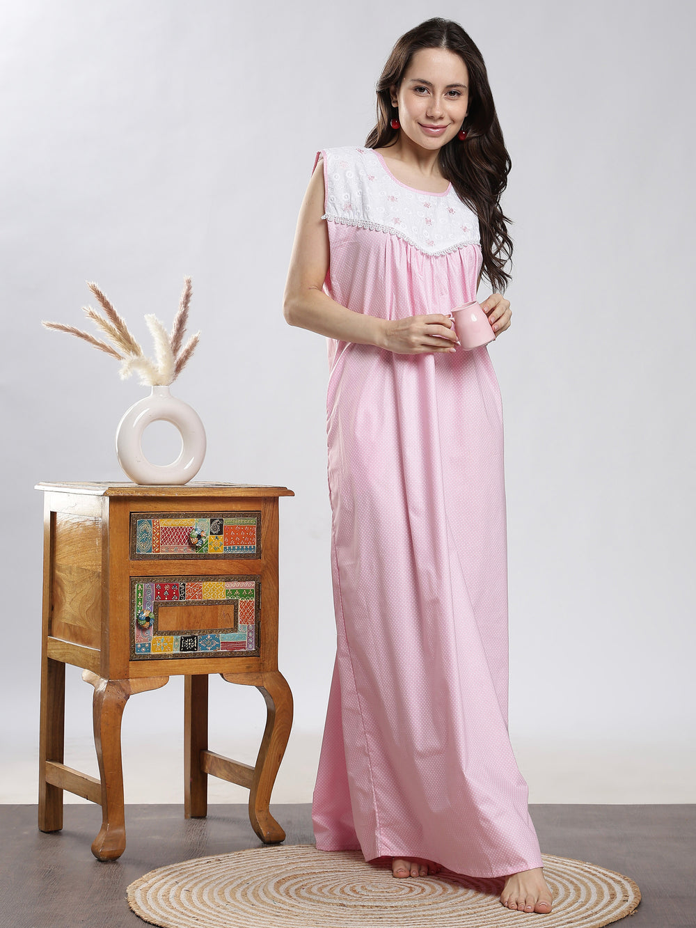 Pure cotton dot pink sleeveless night dress for women