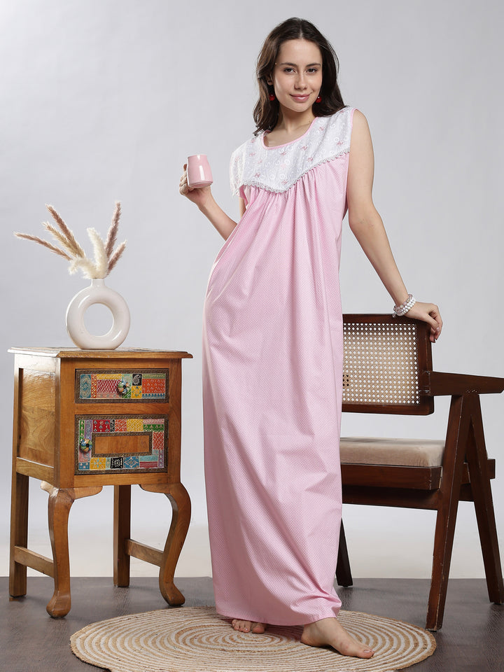 Pure cotton dot pink sleeveless night dress for women