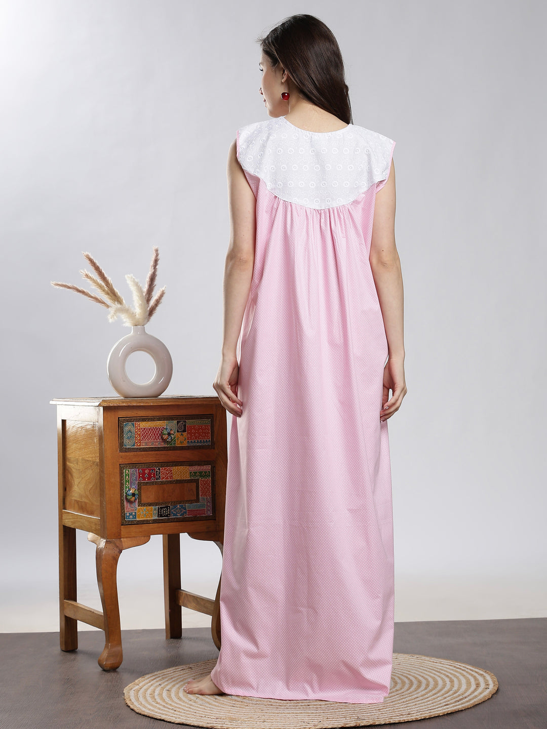 Pure cotton dot pink sleeveless night dress for women