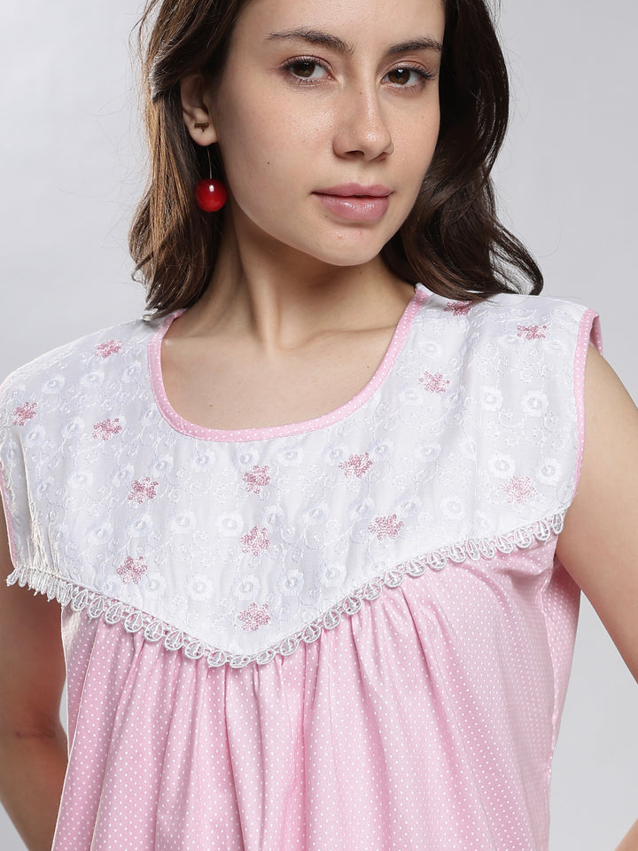Pure cotton dot pink sleeveless night dress for women