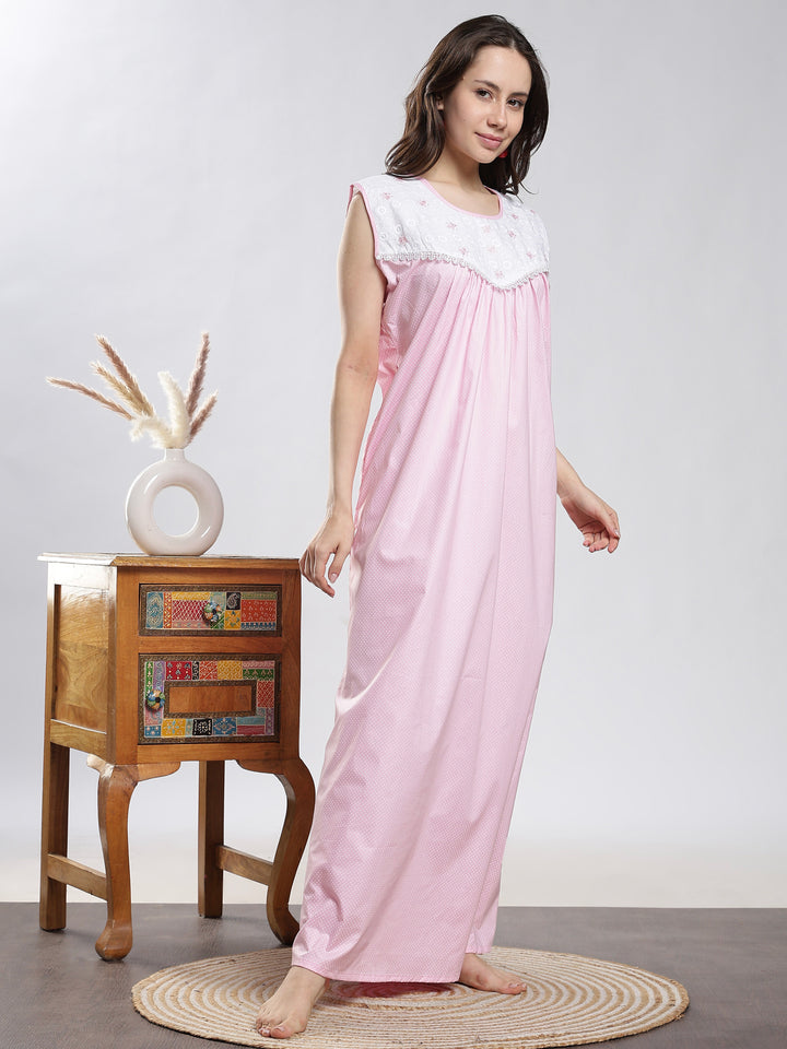 Pure cotton dot pink sleeveless night dress for women