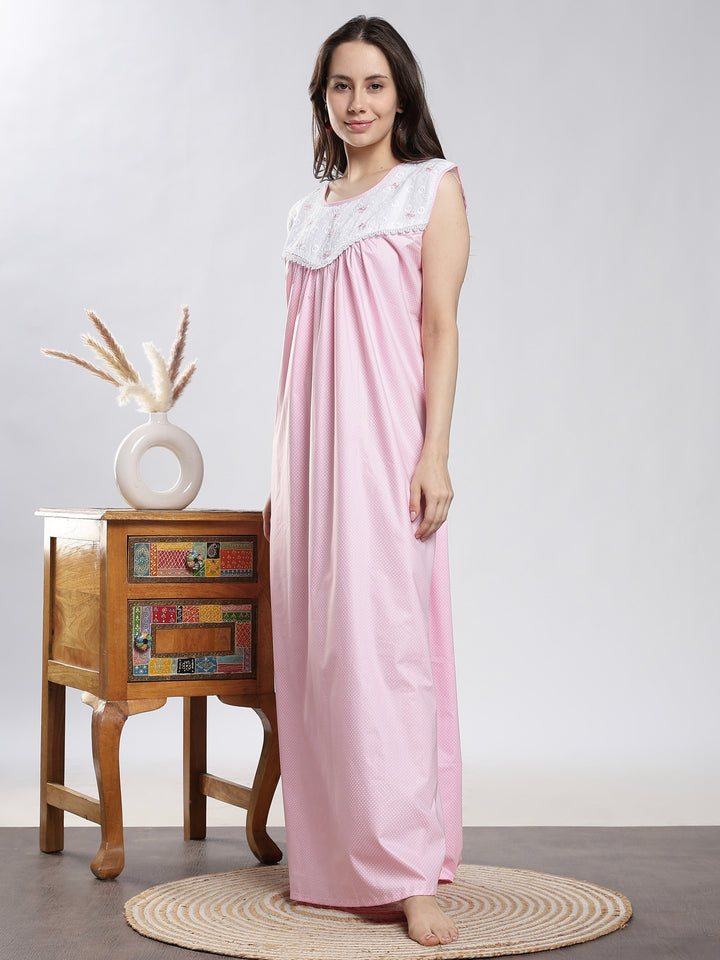 Pure cotton dot pink sleeveless night dress for women