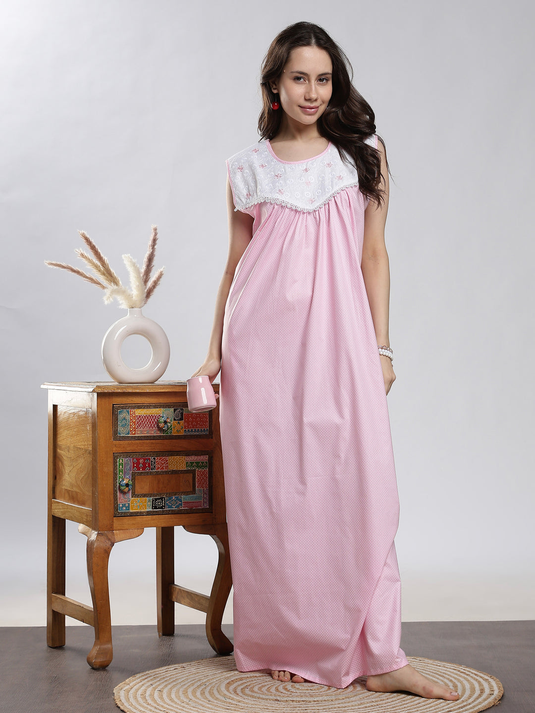 Pure cotton dot pink sleeveless night dress for women