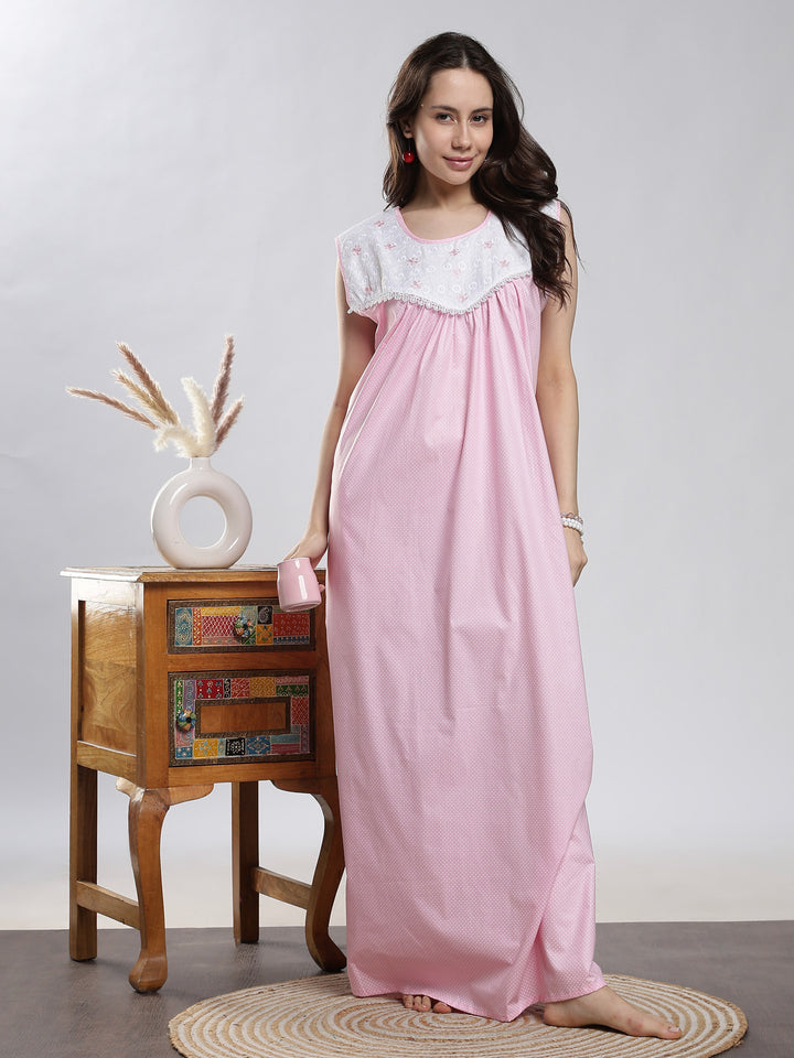 Pure cotton dot pink sleeveless night dress for women