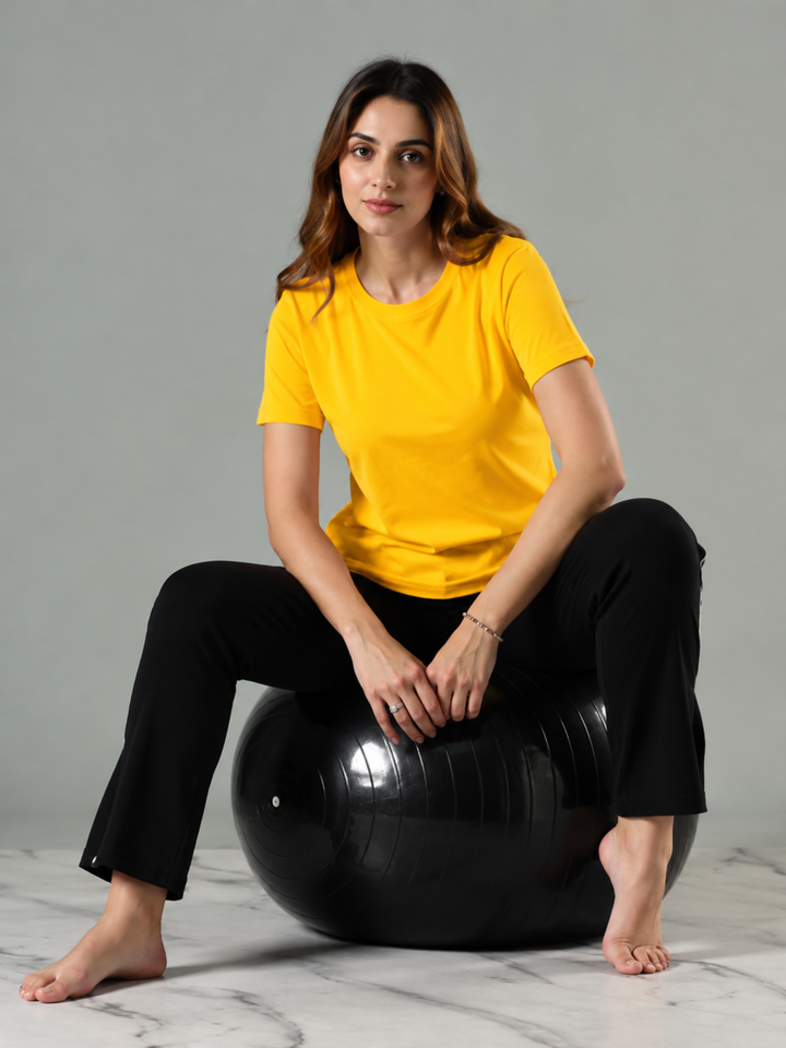 Fire yellow hosiery cotton yoga t shirt for women online