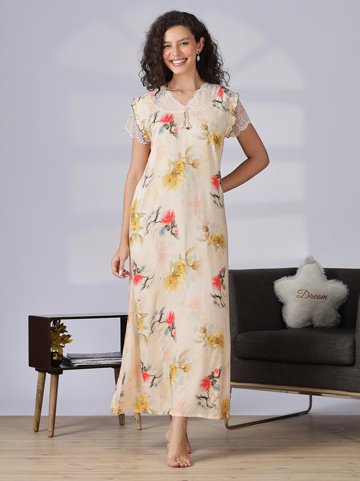 Rayon floral a line cream summer nighty for women