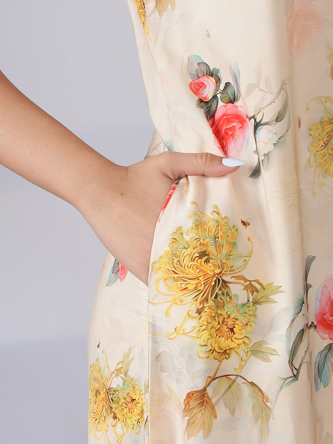 Rayon floral a line cream summer nighty for women