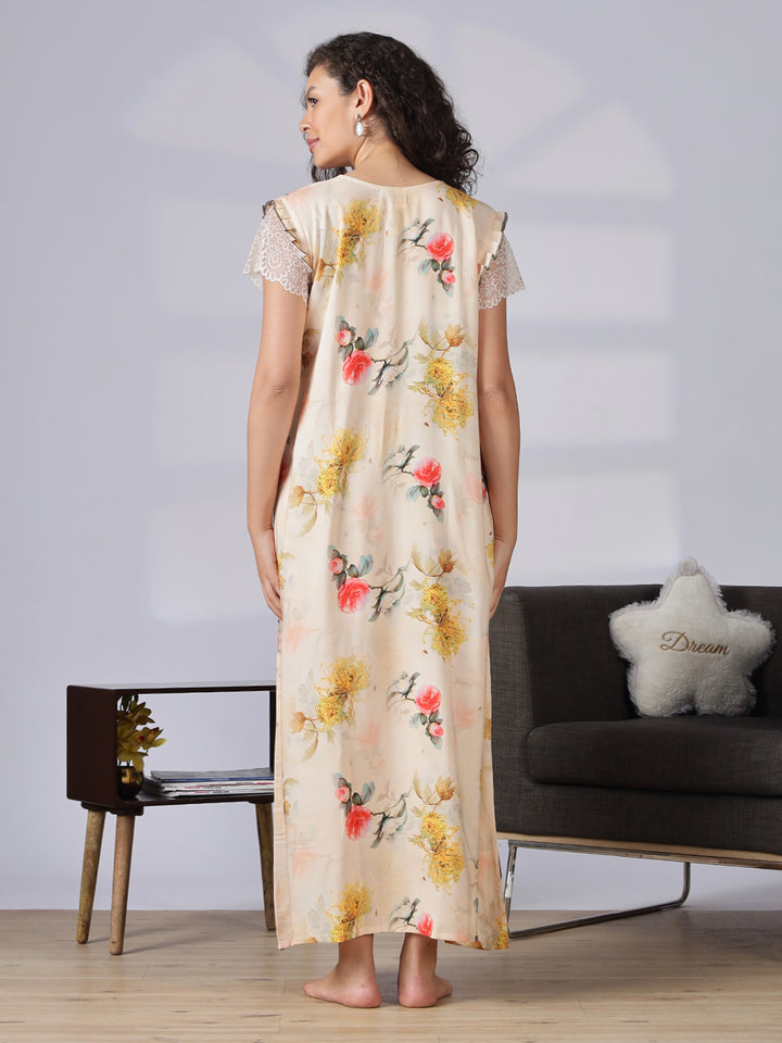 Rayon floral a line cream summer nighty for women