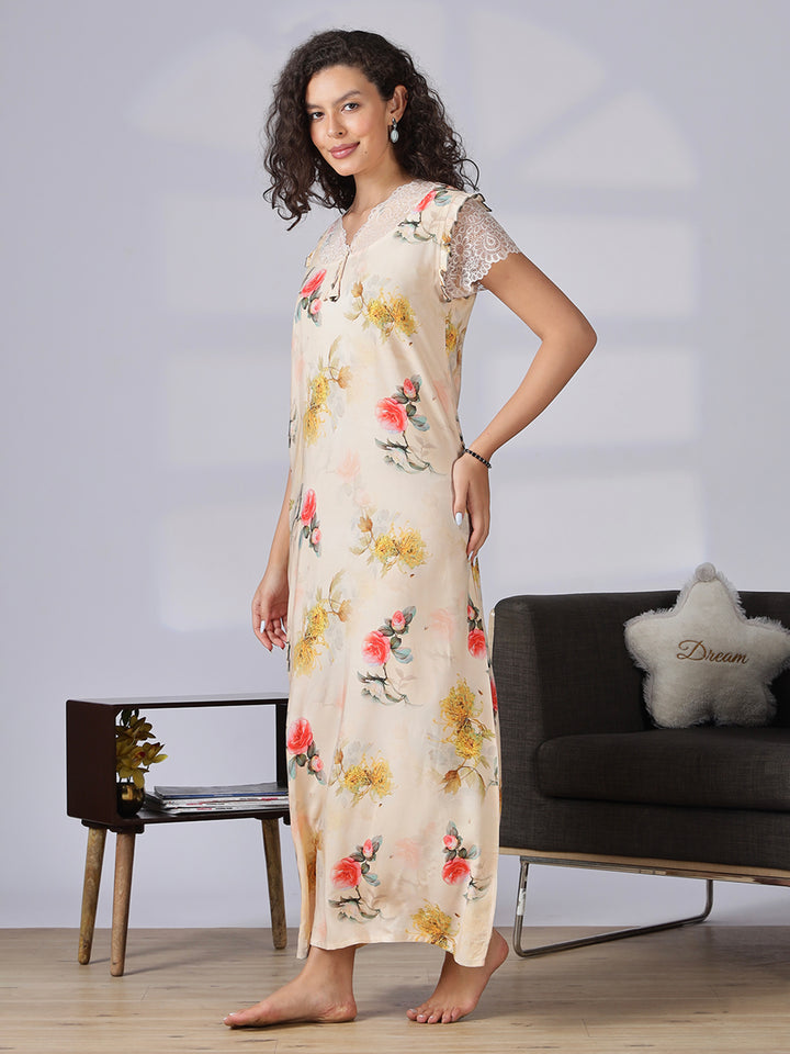 Rayon floral a line cream summer nighty for women