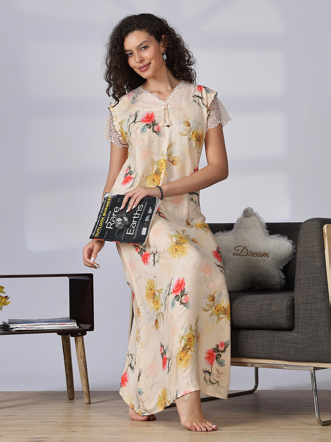 Rayon floral a line cream summer nighty for women