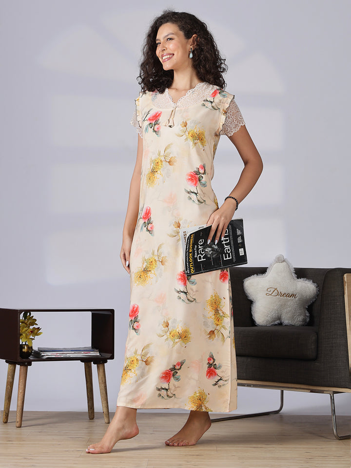 Rayon floral a line cream summer nighty for women