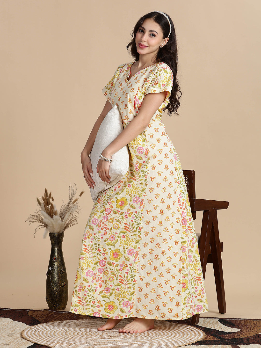 Cream orange jaipuri pure cotton nighty for women for summer