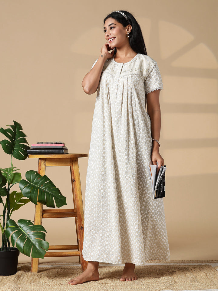 Creamish branded pure cotton nighty for women In India