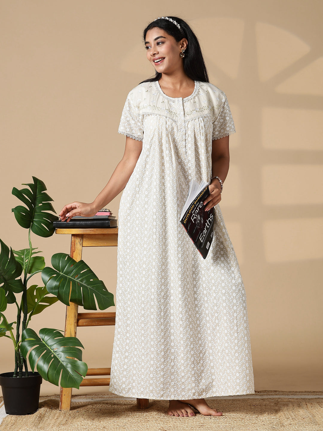 Creamish branded pure cotton nighty for women In India