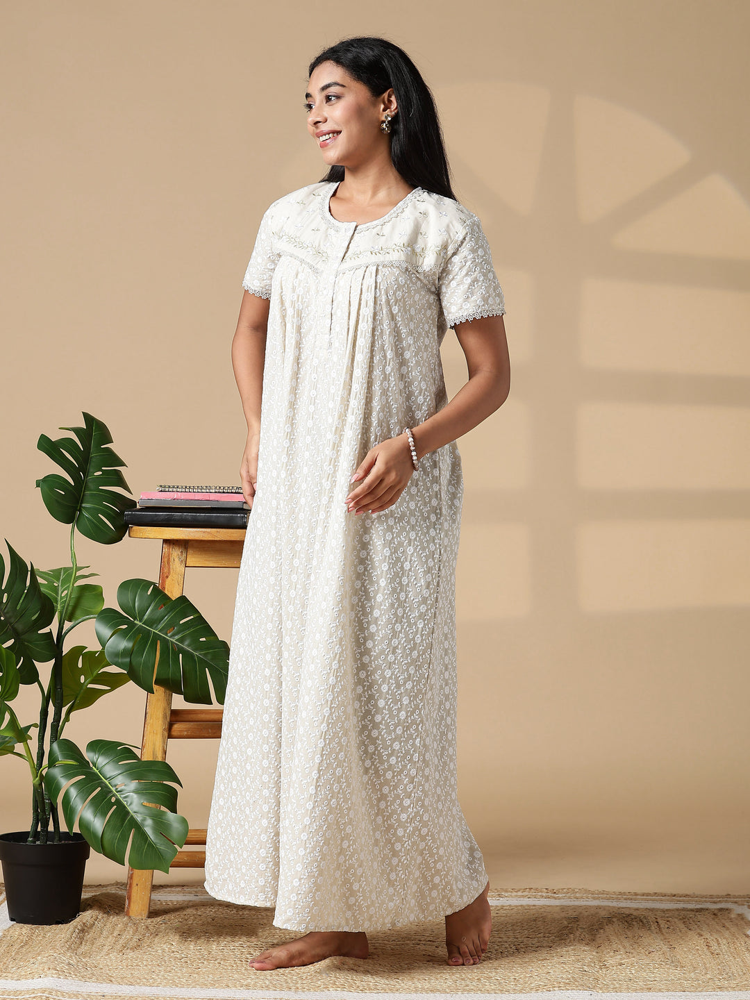 Creamish branded pure cotton nighty for women In India