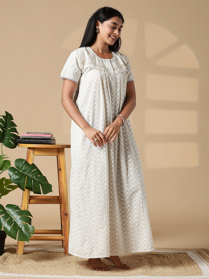 Creamish branded pure cotton nighty for women In India